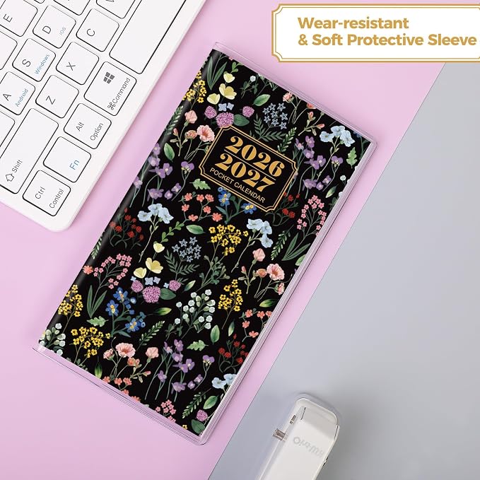 SKYDUE Pocket Calendar 2026-2027, Pocket Monthly Planner Jan 2026 - Dec 2027 for Purse, 6.7" X 3.7" 24-Month Small Planner, Academic Year Calendar, Compact Design with Plastic Sleeve