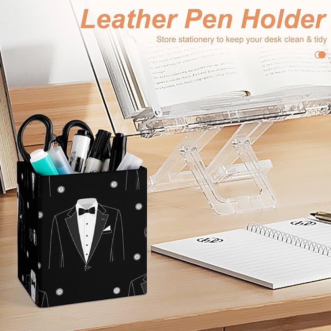 Holder Cup Makeup Brush Storage Organizer, Waterproof Multifunctional Office Supplies, Pen Holder Square Leather Pencil Black Tuxedo
