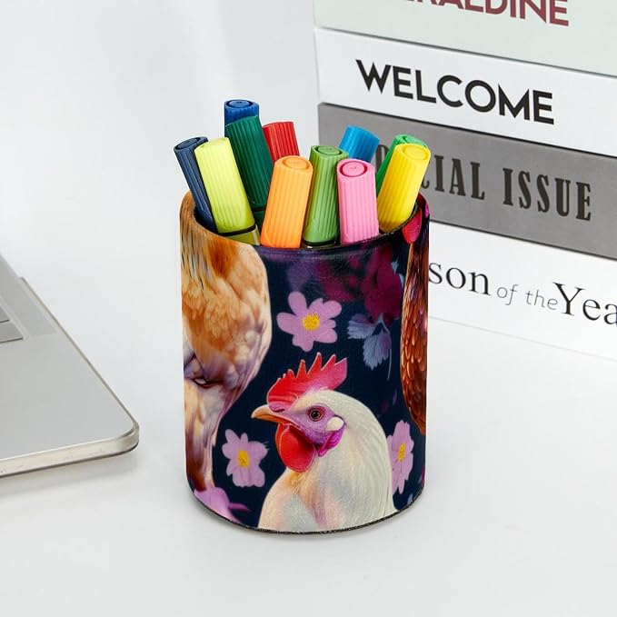 Pen Cup Holder for Desk, Large Pen and Pencil Holder, Seamless Chickens and Flowers Desk Stationery Organizer Makeup Brush Holder for Home, Office, School