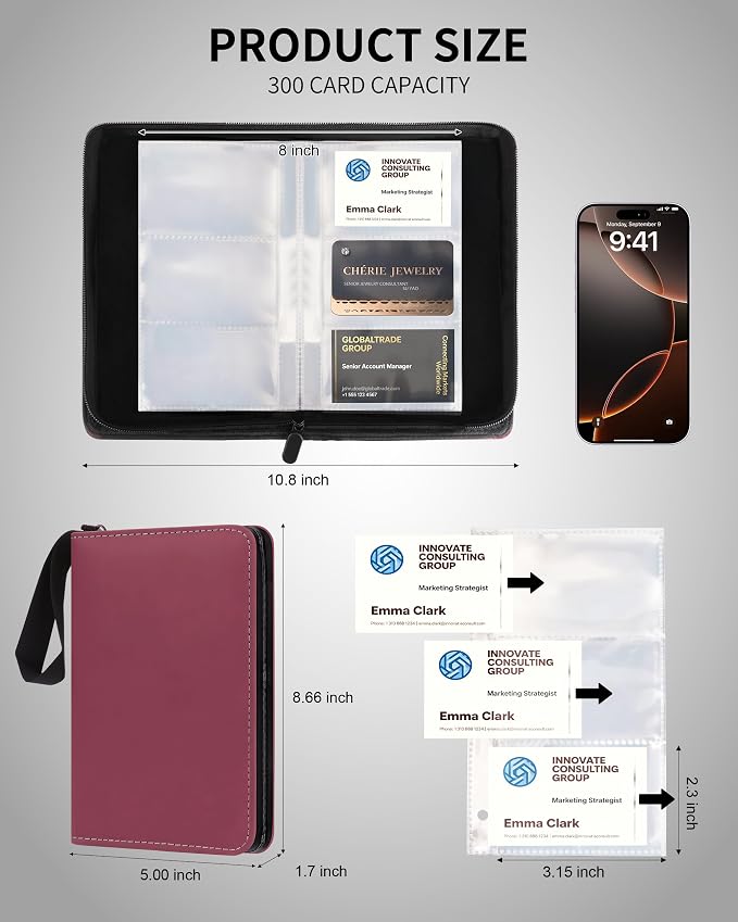 Leather Business Card Book Holder Organizer, Professional Name Card Book Holder with 300 Card Capacity, Portable PU Credit Card Wallet File Sleeve Storage for Men Women,50 Pack Sleeves (Wine Red)