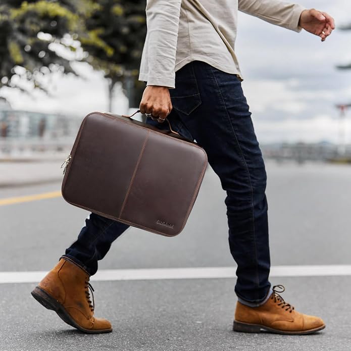 Polare Full Grain Leather Document Organizer Bag Storage Cabinet Box Portable Home Business Safe Folder with Lockable YKK Zipper