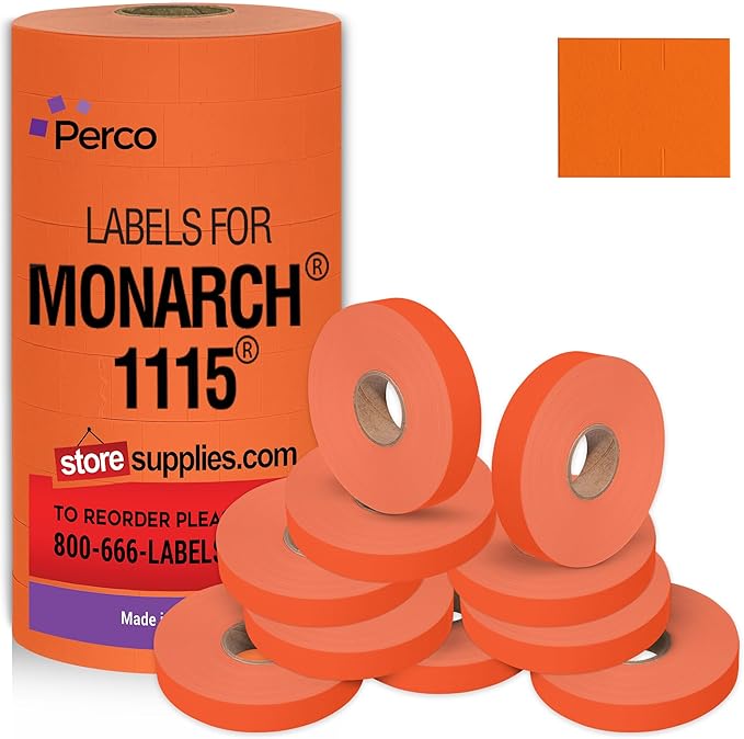 Perco Fluorescent Red Pricing Labels for Monarch 1115 Price Gun, 10 Rolls - 15,000 Price Marking Labels - with Bonus Ink Roll