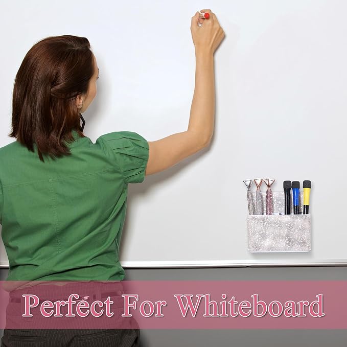 MotiMind White Locker Accessories for Girls, Bling Magnetic Pen Holder for Refrigerator, Back to School Rhinestone Marker Holder for Locker, Sparkly Gift for Student (Medium,Rhinestone)