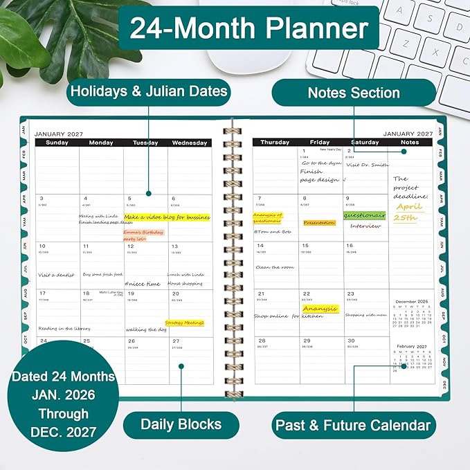Ymumuda 2026 Monthly Planner - 2 Year Monthly Planner, JAN.2026 to DEC.2027, 8.5" x 11", Large Calendar with Spiral Bound, 24 Coated Tabs,24 Months Perfect for School & Office Schedule