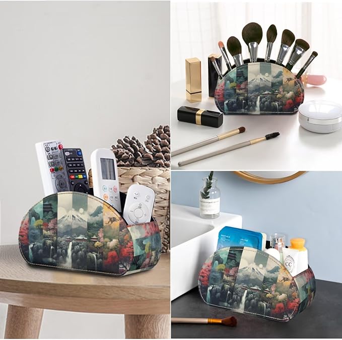 TV Remote Control Organizer PU Leather Desktop Storage for Eyeglasses/Controllers/Makeup Brushes/Remote Controls Organizer,Home Theater Accessory-Table Caddy