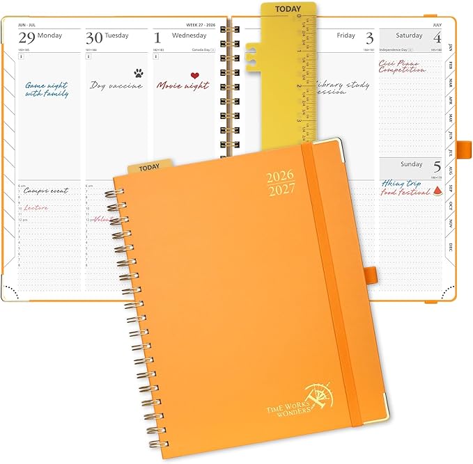 POPRUN 2026-2027 Academic Year Weekly and Monthly Planner Calendar,Jul 2026 - Jun 2027，10" x 8"， Daily Agenda Book & Appointment Book with Hourly Schedule, Tabs, Hardcover, School and Office Supplies - Orange