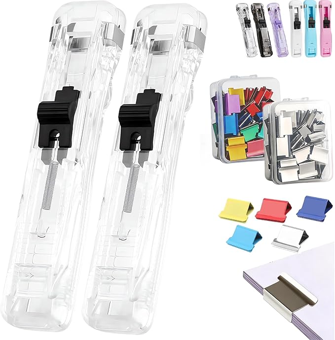 Portable Binder Clip Stapler - Includes 100 Reusable Clips, No Staples, No Holes,Push Clip Paper Clam Dispenser, Reusable Desktop Stapler for Document Home School (2-I)