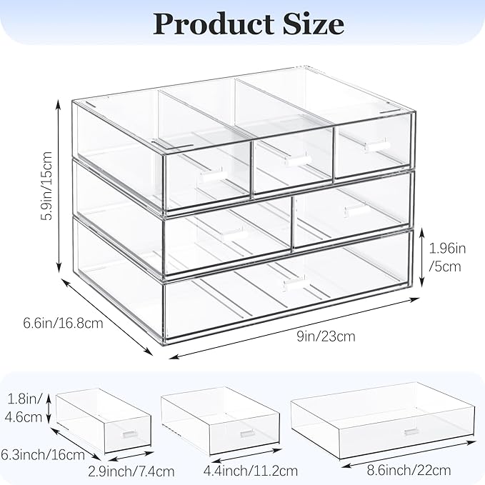 3 Tier Stackable Desk Organizer with 6 Drawers, YOCOMEY Plastic Desktop Storage Box Drawers, Detachable Makeup Storage Office Stationery Supplies Organizer for Office School (All Clear)