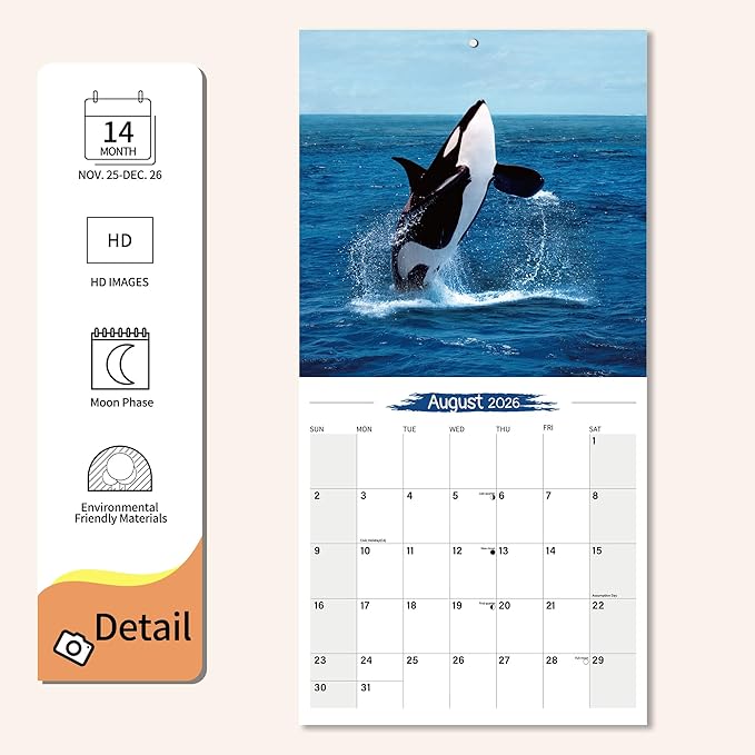 2026 Wall Calendar Whale Planner Calendar, Hangable Monthly Wall Calendar with Large Blocks for Organizing & Planning, Academic Schedule, Home, Office & family, Thick & Sturdy Paper (12"x24" Open)