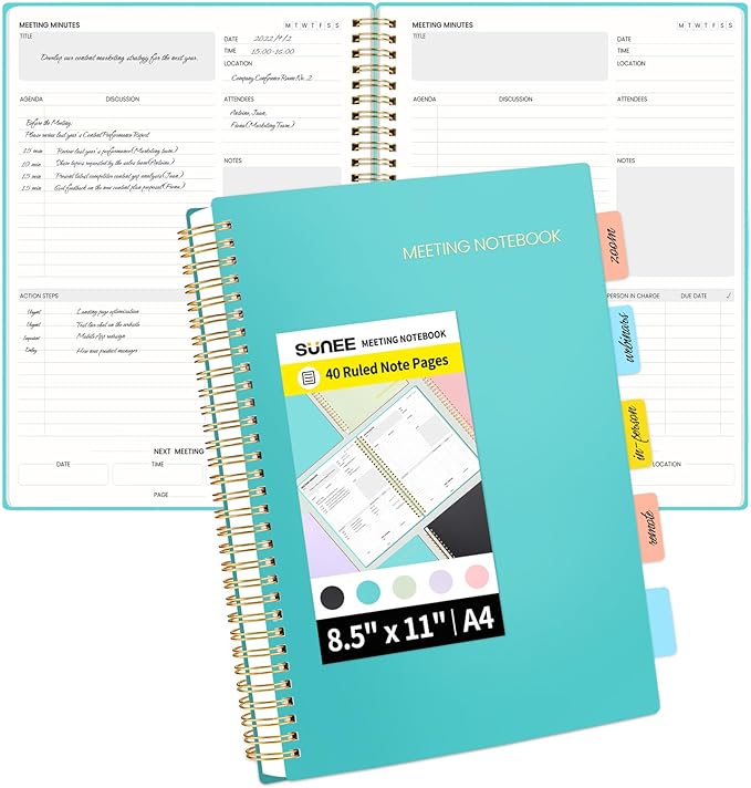 SUNEE Meeting Notebook for Work with Action Items - 160 Pages, A4 Size Project Planner, Spiral Meeting Agenda/Minutes Notebook Organizer for Women Men, Note Taking, Office & Business, 8.5"x11", Teal