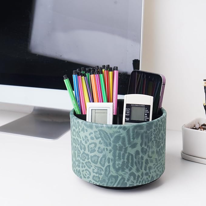Round Leather Art Supply Organizer,Remote Control Holder,360 Degree Rotating,Multi-Functional Pencil Holder,4 Compartments Desktop Stationary Organizer(1-Leopard Green)