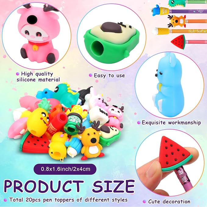 Teling 80 Pcs Scented Bookmarks and Pencils with Cute Toppers Set Fun Pencils Fruit Food Theme Scratch and Sniff Bookmarks Cartoon Pen Toppers Study Supplies(Novel Style)