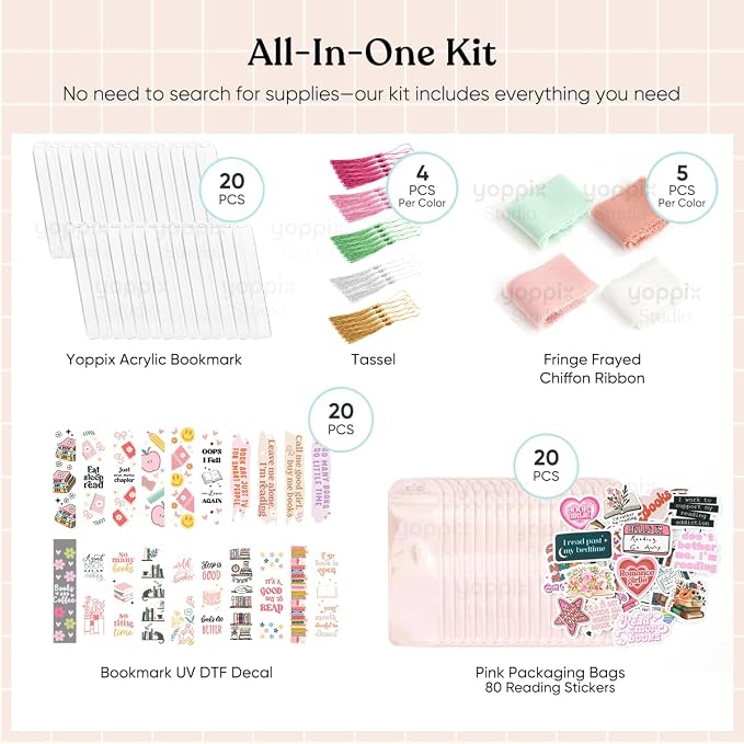 180 Pcs Acrylic Bookmark Blanks- 20 Set Bookmark Making Kit with 20 UV DTF Stickers About Book Lover Theme 20 Tassels 20 Ribbon 80 Bookish Stickers for DIY Your Crafts Gift for Book Lover