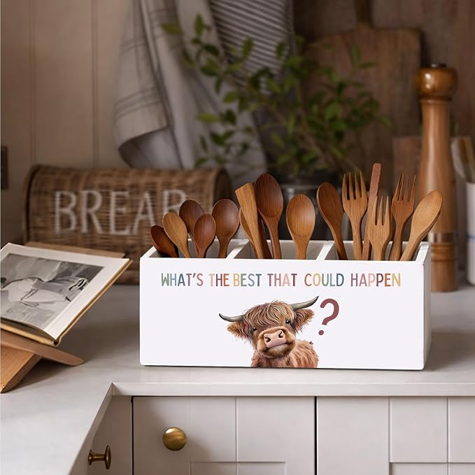 What’s The Best That Could Happen Cow 3-Compartment Desk Organizer, Wooden Pencil Holder for Pens, Pencils, Scissors & Rulers, Cute Farm Animal Theme for Home, Kids, Office