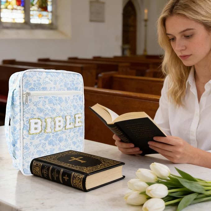 Bible Cover Case for Women, Large Chenille Letter Bible Bag with Handle, Carrying Bag with Tabs 6 Colored Pens 6 Highlighters, Back to School Study Supplies Christian Church Gifts, Blue Flower