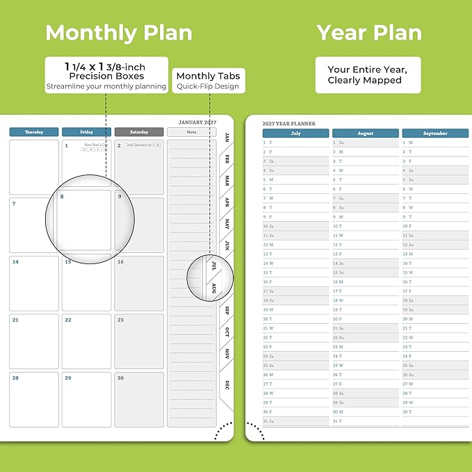 Weekly Monthly 2026-2027 Planner (July 26-Dec 27),8.5"x6.5",18 Months Agenda Plan with Month Tabs & Pocket,Expenses/Note Pages, Academic Calendar with Vegan Leather Cover,Wasabi Green