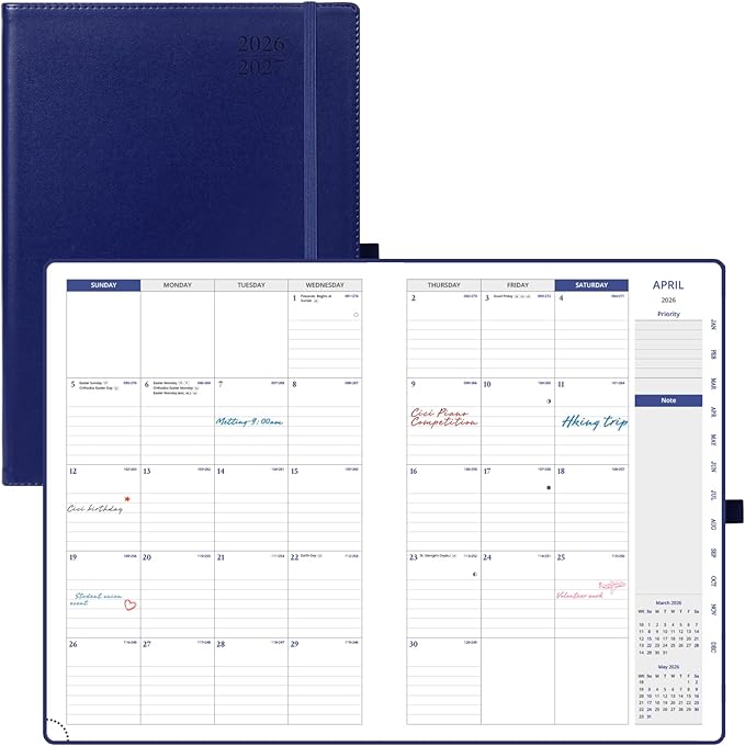 POPRUN Monthly Planner 2026-2027, 8.25" x 11.75" Large Calendar Planner, 16 Months (Apr 2026 - Jul 2027) Monthly Calendar & Appointment Book with Stair Tabs, Inner-pocket, Pen Holder, PU Leather - Night Sky Navy Blue