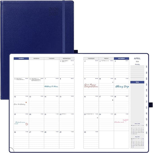 POPRUN Monthly Planner 2026-2027, 8.25" x 11.75" Large Calendar Planner, 16 Months (Apr 2026 - Jul 2027) Monthly Calendar & Appointment Book with Stair Tabs, Inner-pocket, Pen Holder, PU Leather - Night Sky Navy Blue