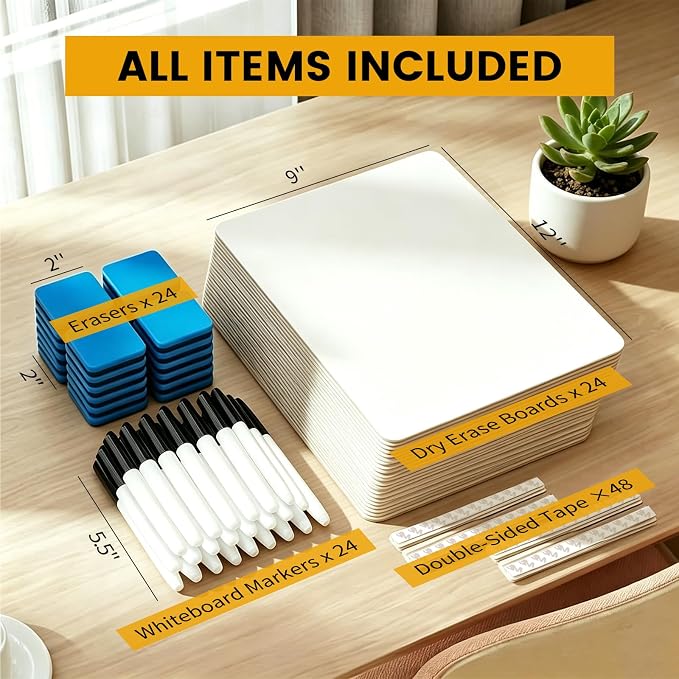 24 Pack Small White Board Dry Erase Boards for Students, 9" x 12" Double Sided Mini White boards with 24 Markers and 24 Erasers, Personal Lapboards for Kids, Teacher, Office, Classroom School Supplies