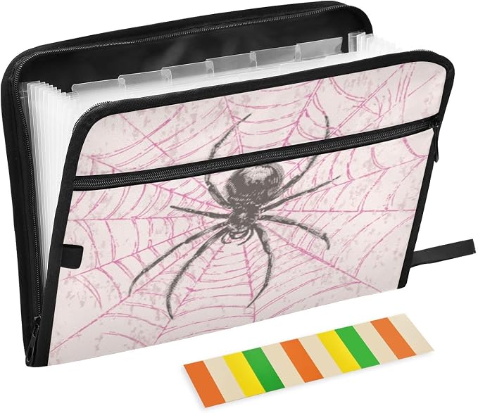 Black Spider on Pink Web Accordion File Organizer Expanding Document Folder with 13 Pockets Portable File Folder for A4 Letter Size