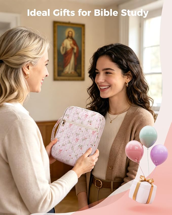 WANDF Bible Cover Case for Women, Quilted Bible Bag with Strap (M,Pink) | Large Capacity, Bible Study Supplies, Church Service, Journaling Accessories, Christian Gifts