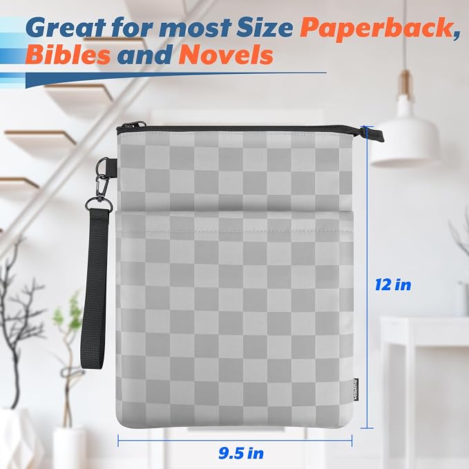 Book Sleeves with Zipper, Travel Book Protector Pouch for Paperbacks & Hardcover Books, Book Covers Bags Carry Case/Front Pocket & Handle Strap for Book Lovers Mother's Day (Grey with Block, 2 Pcs)