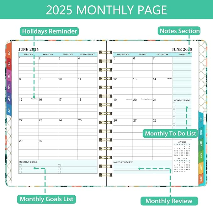 2025 Planner - 2025 Calendar/Planner Weekly and Monthly, JAN 2025 - DEC 2025, 6.3'' x 8.4'', Calendar 2025 Planner with Special Weekly Page, Green Ink Pages, Colorful Monthly Tabs, Back Pocket