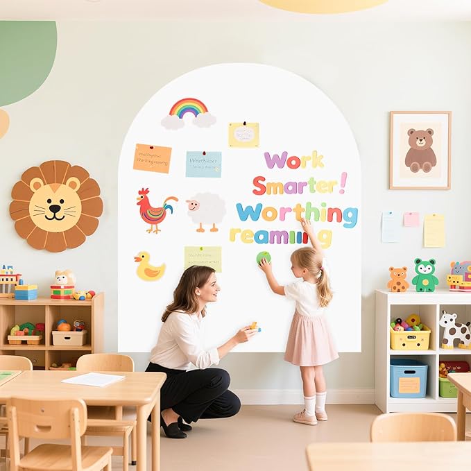 Arch Magnetic Wall Decal 40x32 Inch White Magnet Wall for Kids Self Adhesive Magnetic Board for Wall with Letters and Liquid Chalks Peel and Stick Magnet Play Wall for Home Playroom