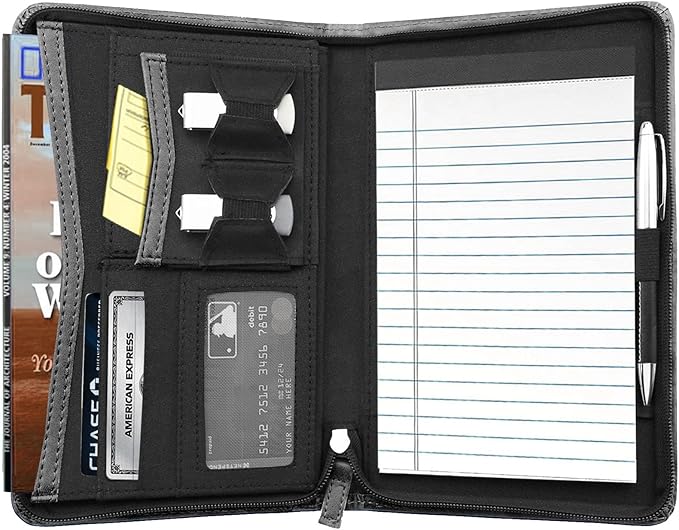Junior Padfolio/Resume Portfolio Binder with Refillable Lined Notepad, A5 Padfolio Folder, Business Portfolio, Multi-Function Case, A5 Writing Pad Included, Gray