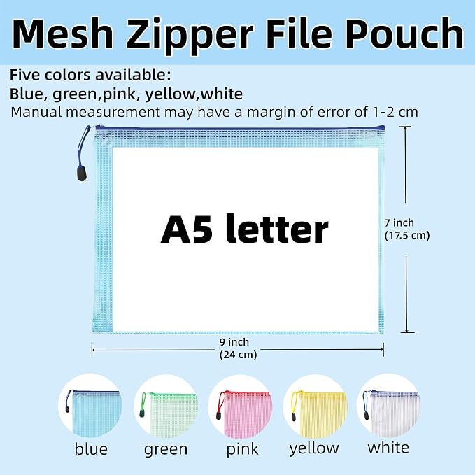 FERENLI 10 Pcs 9.4x6.9 inch Mesh Zipper Pouch Bags with Semi-Transparent Mesh Waterproof Zip Files Bags for Stationery Files Toys Makeup Tools Home Office School Travel Organization(A5, Colorful)