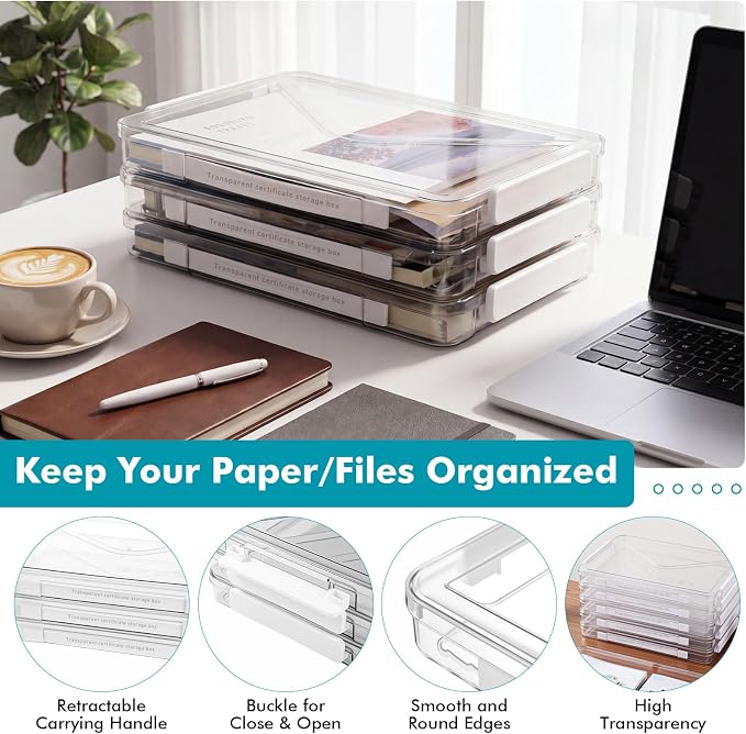 Novabright 3 Pack Clear Plastic File Boxes with Handle Portable Project Case Paper Storage Bin with Lid Transparent Stackable Container Document Magazine Protector for A4 Paper Photo Craft Scrapbook