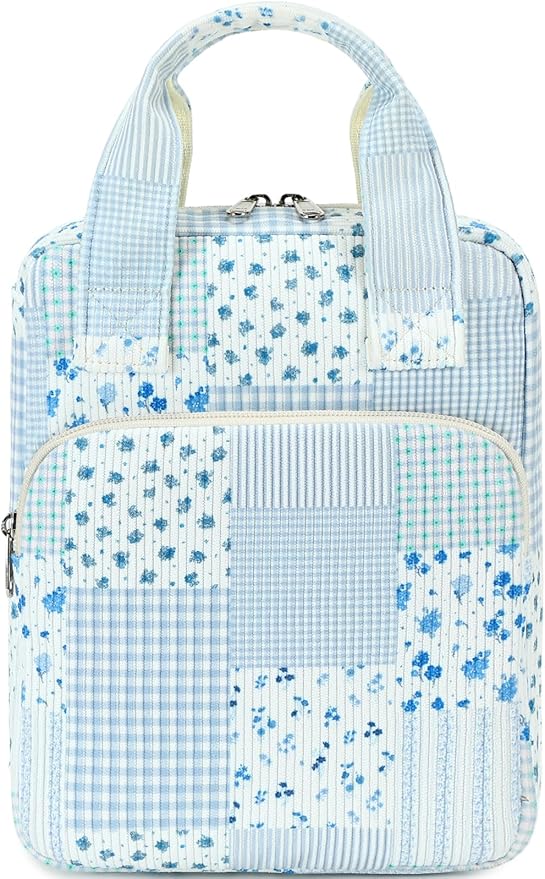 DSIUE Kids Bible Cover Case Gilrs Corduroy Bible Carrying Case Book Holder/Carrier/Bag with Handle and Pockets, Blue Patchwork Floral