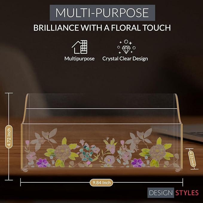 Papyrus Acrylic Mail Organizer – Green Aqua Desk Organizer with Double Sided Floral Prints – Small Letter Holder for Mail, Bills, Cards, and More – Desktop Stationary Organizer – Office Supplies