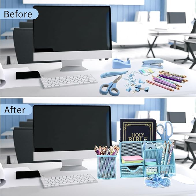 12 in 1 Desk Organizers and Accessories Set, Blue Gifts for Coworkers, Office Supplies Include Stapler Pen Holder Tape Holder Scissors Ruler Staple Remover for Home School