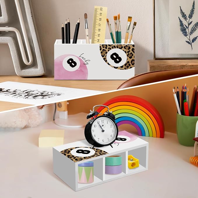 Preppy Funky Lucky 8 Ball Pen Pencil Holder for Desk, Preppy Office Desk Accessories, Trendy Pink and Leopard Print Ball Pen Holders Organizer for Girls Classroom Bathroom Makeup Brush