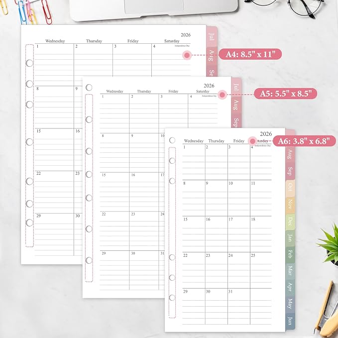 2026-2027 Monthly Planner Refill for A5 7-Ring Binders, 5.5" x 8.5" Medium Size Planner Inserts, Jul. 2026 - Dec. 2027, 18 Monthly Calendars with Colorful Laminated Tabs, 7-Hole Punched
