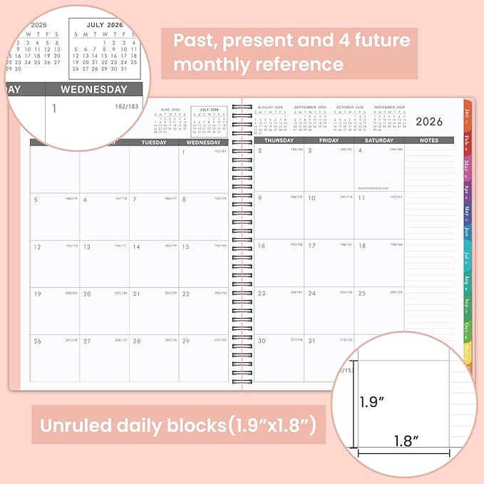 Monthly Planner 2026-2027 - JUL 2026 - DEC 2027, 9" × 11" Monthly Calendar, Planner 2026-2027, 18-Month Calendar Planner with Colorful Tabs, Thick Paper, Pocket, Label, Twin- Wire Binding- Pink
