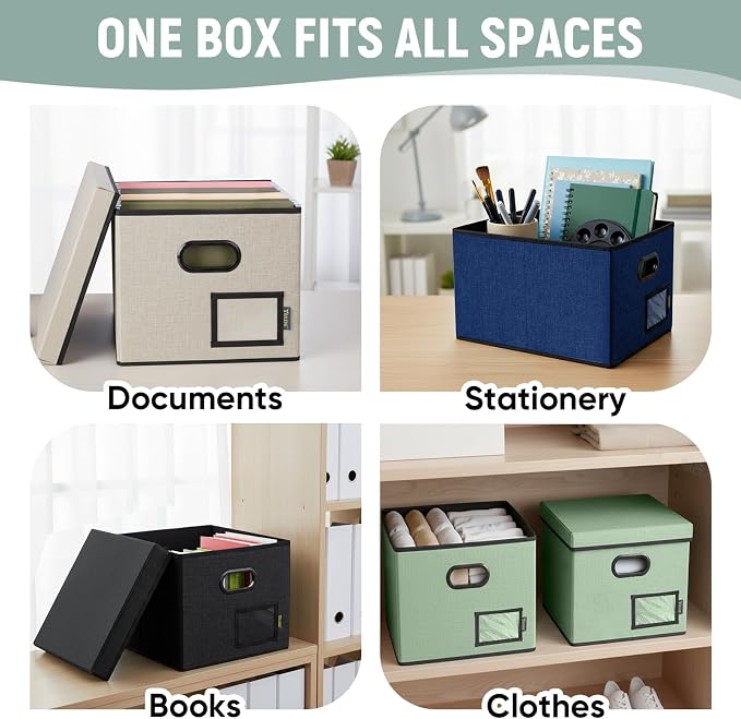 BALEINE File Organizer Box with Lid, Collapsible File Folder Organizer with Plastic Slide, Filing Box for Office Home Document Organizer Storage (Blue, 4PK)