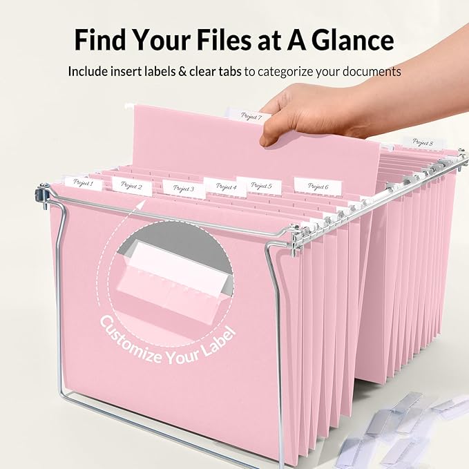 SUNEE 25 Pack Hanging File Folders, Pink Folders, Hanging File Folders Letter Size with 1/5-cut Tabs, Stay Organized for Your Home and Office Bulk File and Documents
