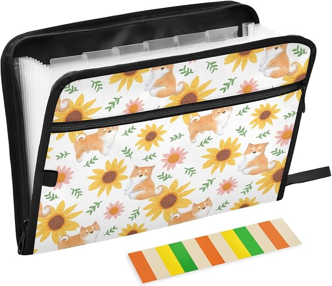 Shiba Inu Dog Sunflowe 13 Pockets Expanding File Folder with Sticky Labels Accordion File Folder Document Organizer Letter Size A4 Papers Expandable File Keeper