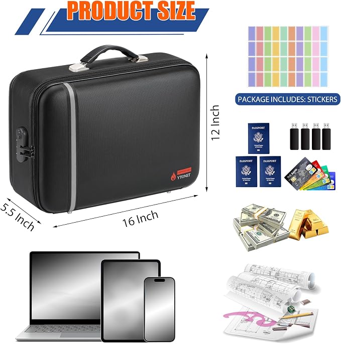 Fireproof Document Box Hard Case with Lock, Upgraded Size Fire Proof Safe for Home Documents with Accordion File Folder & 15.6" Laptop Pocket, Waterproof Office Travel Safe Box for Important Documents