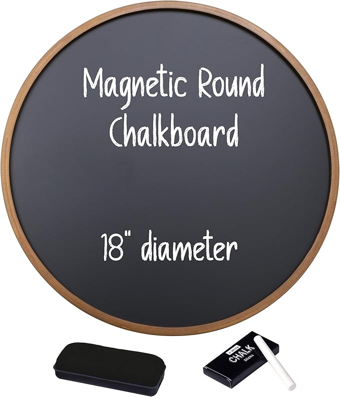 Better Office Products Round Magnetic Chalkboard with Wooden Frame for Office and Home, 18x18 inches with Mounting Hardware, 4-Piece Chalk Set, and Eraser Included (Rustic Brown)