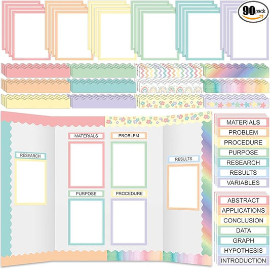 Fuyoooo 90 Pcs Science Fair Board Supplies 60 Trim Scalloped Bulletin Board Borders 24 Presentation Board Subtitles 6 Science Fair Titles for Classroom Display Boards (Pastel)