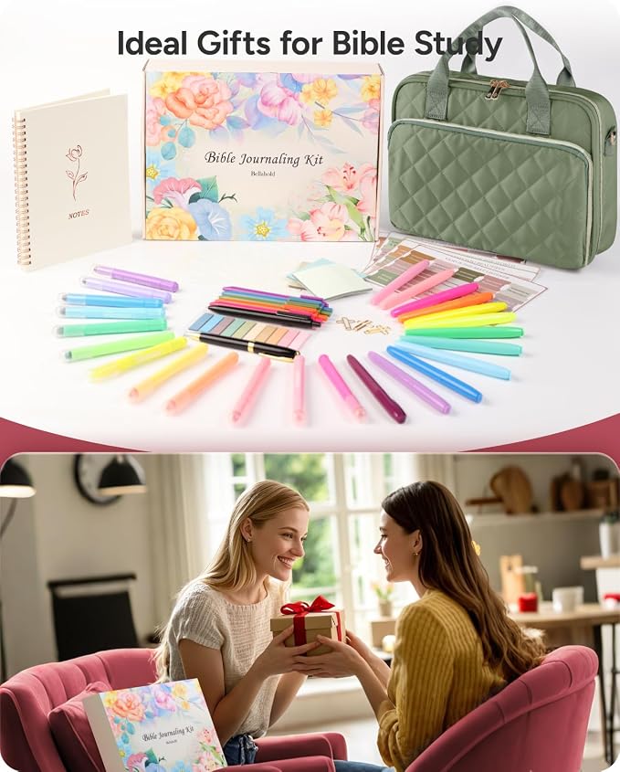 BellaHold All-in-One Bible Journaling Kit – Quilted Bible Cover Case for Women, 31 Highlighters, 75 Tabs, Bible Study Supplies & Christian Gift for Women and Teens (Shoulder Strap, Olive Green)