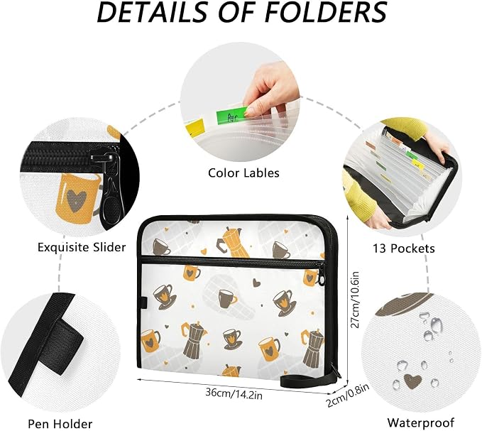 Cute Coffee Cups File Folders,Plastic Folders with 13 Pockets,Expandable File Folder for Documents School Students Office,Aesthetic Folder with Labels A4 Letter Size