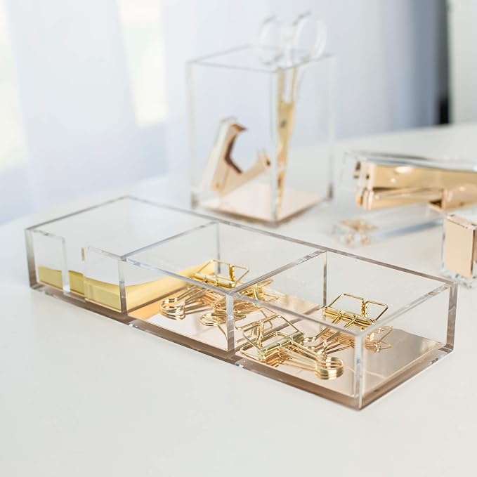 Premium Acrylic and Gold Base Note Holder, Paper Clips Holder for Desk, Cube Memo Pad 3 Compartments Desktop Organizer