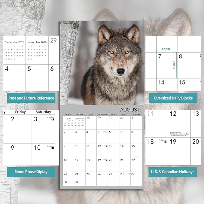2026 Wall Calendar,Wolf Calendar 2026,Wolf Monthly Wall Calendar, 12" x 24" Open,Family Planner Calendar, Home & Office Organizer,Hangable