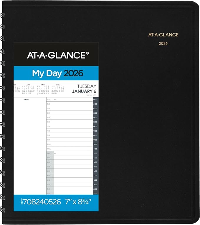 AT-A-GLANCE 2026 Appointment Book Planner, Daily, 7" x 8-3/4", Medium, 24-Hour, Black (708240526)