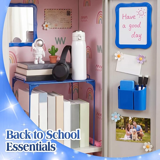 Colarr 16 Pcs Dark Blue Locker Accessories for Girls Includes Magnetic Whiteboard & Mirror Locker Shelf Pen Holder 2 Dry Erase Marker & Eraser 9 Flowers for Back to School Essentials Decoration