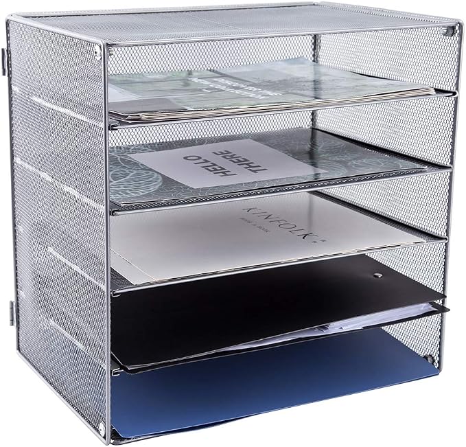 EASEPRES 5 Slot Mesh Desk Organizer Tray, File Paper Letter Folder Holder Desktop Paper Sorter Mail Organization Rack Storage Accessories, for Office Home School Classroom, Silver